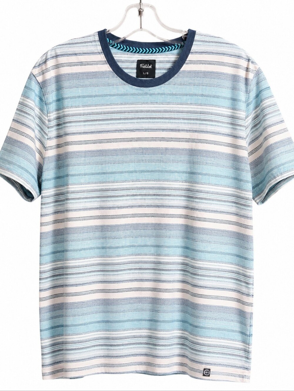 FarWest Men’s Size L Blue White Striped Short Sleeve Crew Neck T-Shirt